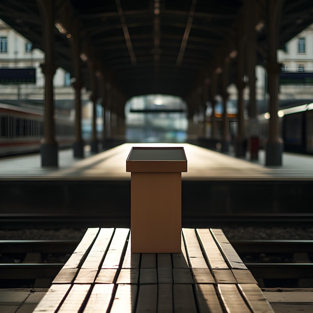 Photo podium on a wooden bench in a train station