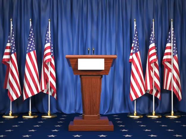 Podiumluidsprekertribune met Amerikaanse vlaggen Briefing van de president van de Verenigde Staten in het concept van de politiek van het Witte Huis