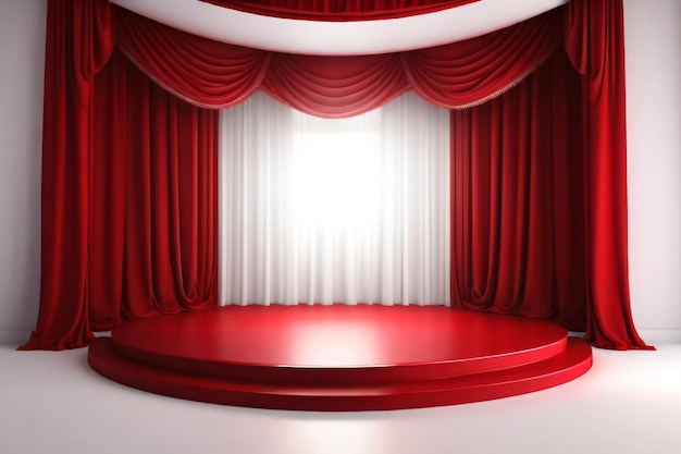 podiumplatform voor productvertoning met rood-witte bioscoopgordijn