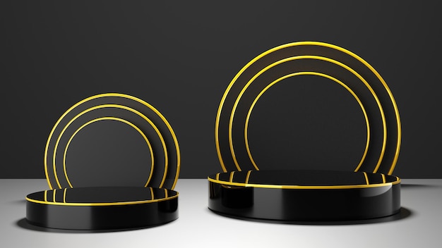 Podiums in black and gold colours. Modern style abstract 3d rendered background.