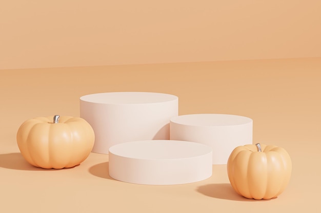 Podiums or pedestals with pumpkins for products display or advertising for autumn holidays on orange background 3d render