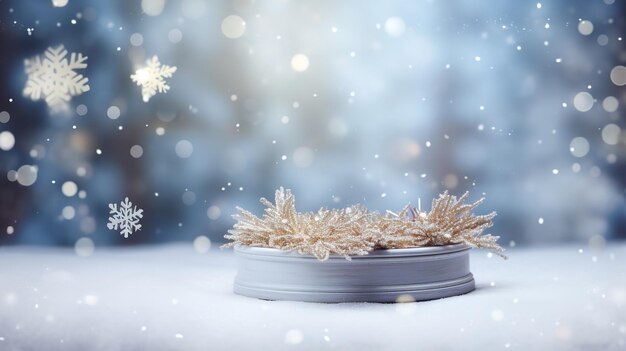 Photo podiums scrounge for makeup against a bokeh background featuring a christmas tree in the snow generative ai