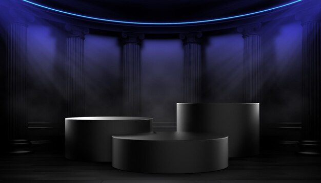 Foto podiums voor productweergaveplatform met zwarte moderne kolommen achtergrond ai gegenereerd