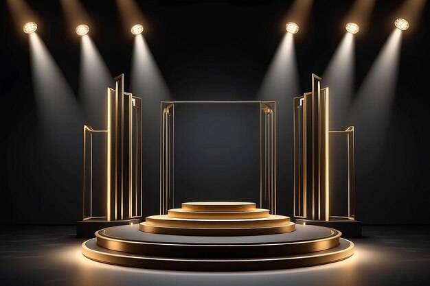 Podiumscene voor de prijsuitreiking op zwarte achtergrond Podiumscène met verlichting 3D-rendering