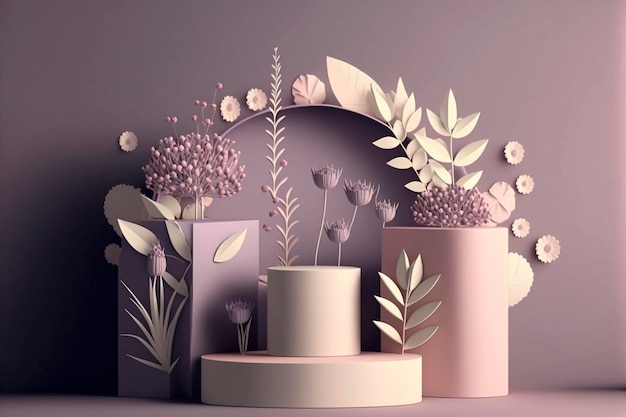 Podiumstandaard showcase op pastel lichtroze achtergrond en bloemen voor premium product met natuur plant laat 3d renderen