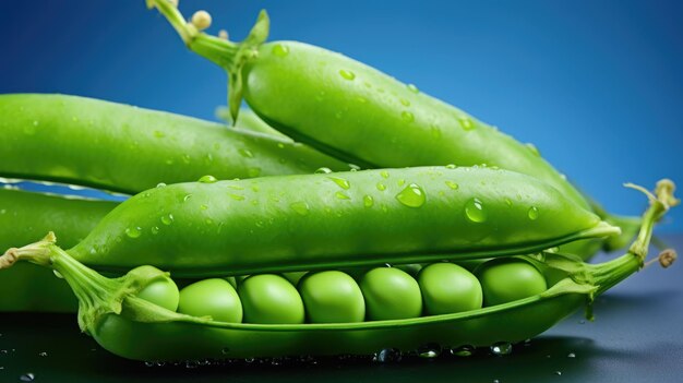 Pods of green peas with leaves and water drops Fresh food background AI