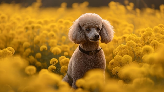 Poedel in een bloemenveld