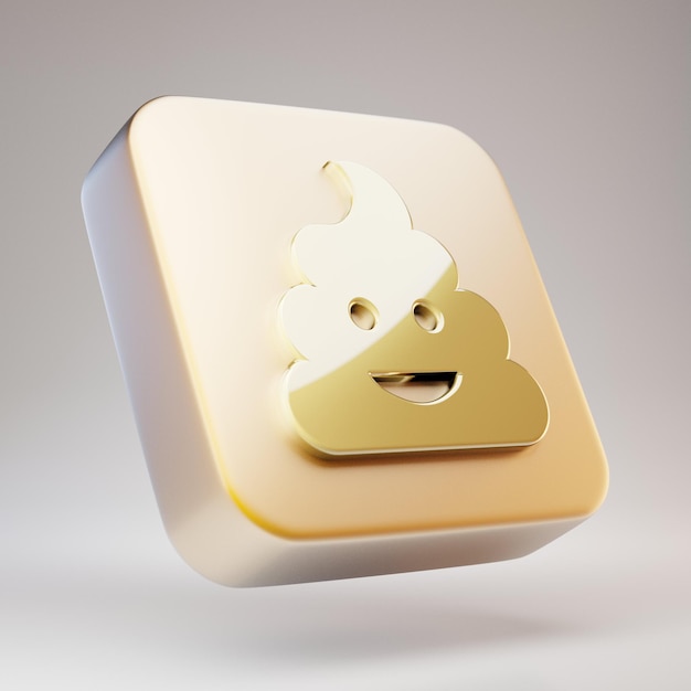 Poep icoon. Gouden Poep-symbool op mat gouden plaat. 3D-gerenderde sociale mediapictogram.