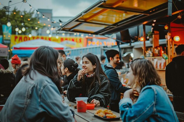 Photo pograph of people having fun at street food festiv generative ai