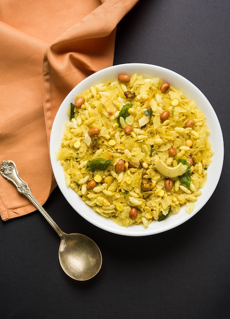 Poha Chivda or Chivada is an Indian popular snack. Selective focus