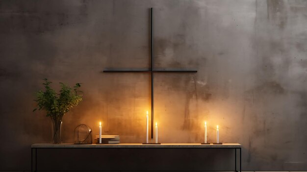 Photo pohoto of exposed concrete wall with warm candlelight rays with indust good friday palm easter art