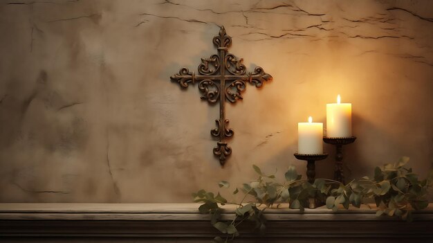 은 불빛 빛과 철 성십자가로 빛나는 스투코 벽의 포호토 좋은 금요일  부활절 예술