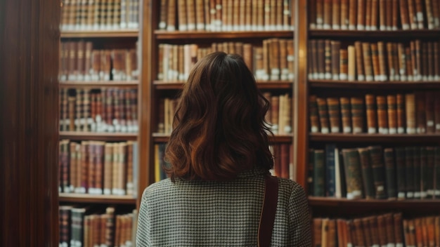 A poignant back view of a woman before evocative library bookshelves deep in thought