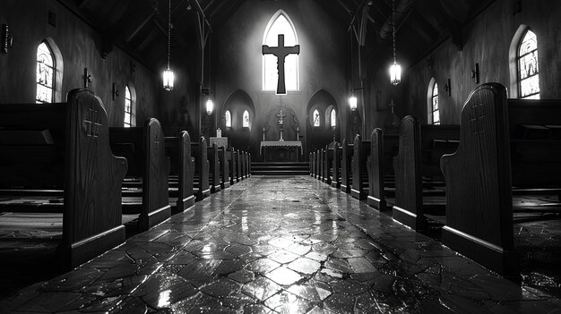 Poignant black and white photograph of quiet chapel on good friday