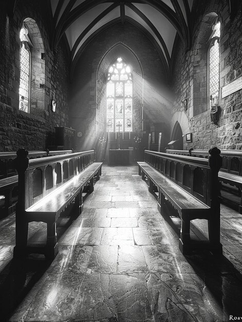 Poignant black and white photograph of quiet chapel on Good Friday