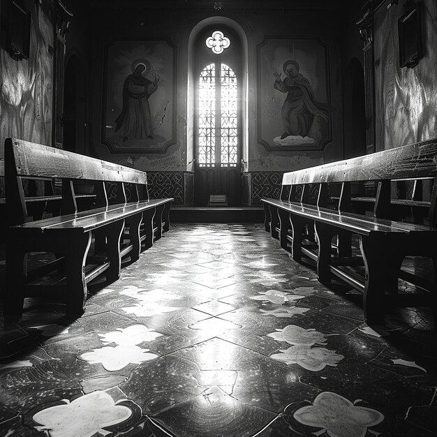 Poignant black and white photograph of quiet chapel on good friday