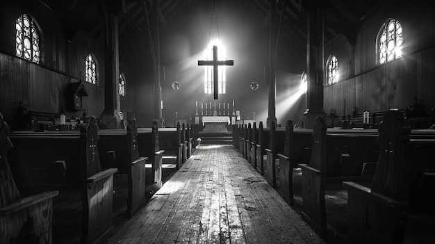 Poignant black and white photograph of quiet chapel on good friday