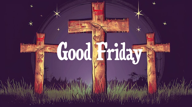 Poignant Illustration of the Crucifixion on Good Friday with Sunrays and Red Banner