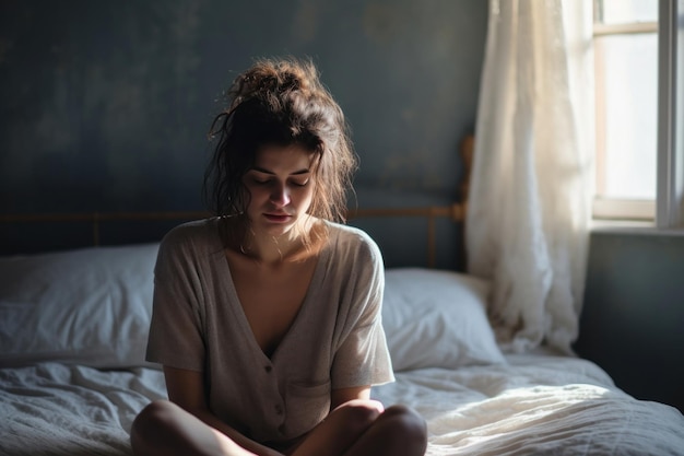 Photo a poignant moment captured a young woman in a state of crisis sitting on a bed with a heavy heart reflecting on her inner struggles