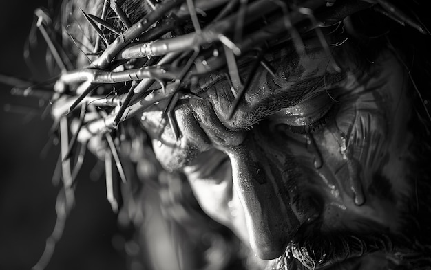 Photo a poignant portrayal in black and white of a sculpture with a crown of thorns reflecting a somber and contemplative emotion