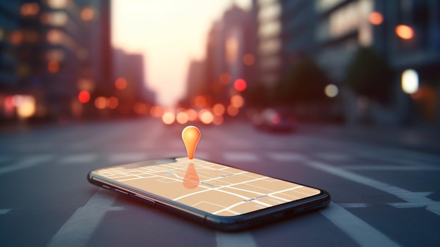 gps ナビゲーター アイコンでスマートフォンをポイントし、ぼかした交通道路の抽象的な背景にマップします。 ジェネレーティブ AI