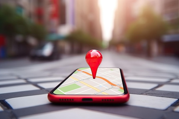 GPS ナビゲーター アイコンと背景をぼかした地図を備えたスマートフォン上のポイント 生成 AI