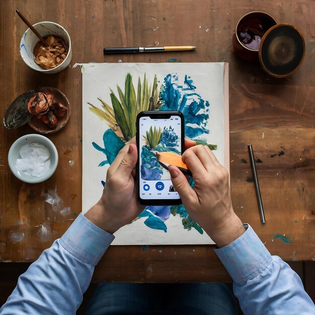 Photo point of view of a man copying an image from his smartphone into a painting of hir own for an art c