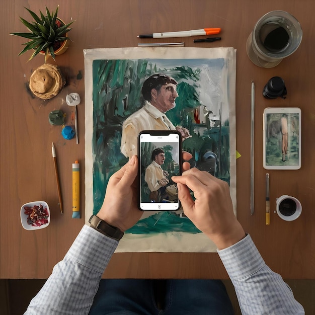 Point of view of a man copying an image from his smartphone into a painting of hir own for an art c