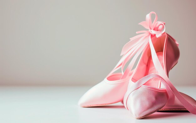 Photo pointe ballet shoes with ribbons over white background and empty space for text