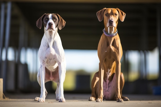 Pointer dog and greyhound standing at a starting line