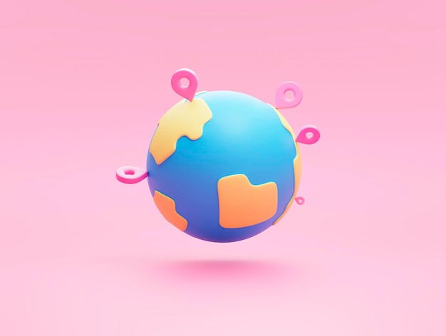 Pointer pin location on earth global world transportation\
logistics concept on pink background icon or symbol 3d\
rendering