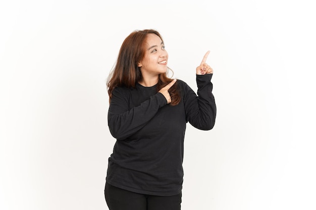 Pointing Aside Of Beautiful Asian Woman Wearing Black Shirt Isolated On White Background