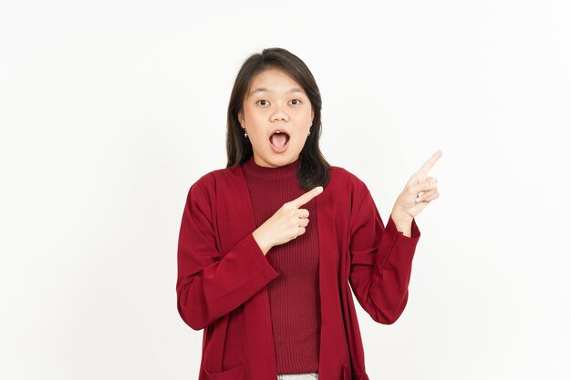 Pointing Aside of Beautiful Asian Woman Wearing Red Shirt Isolated On White Background