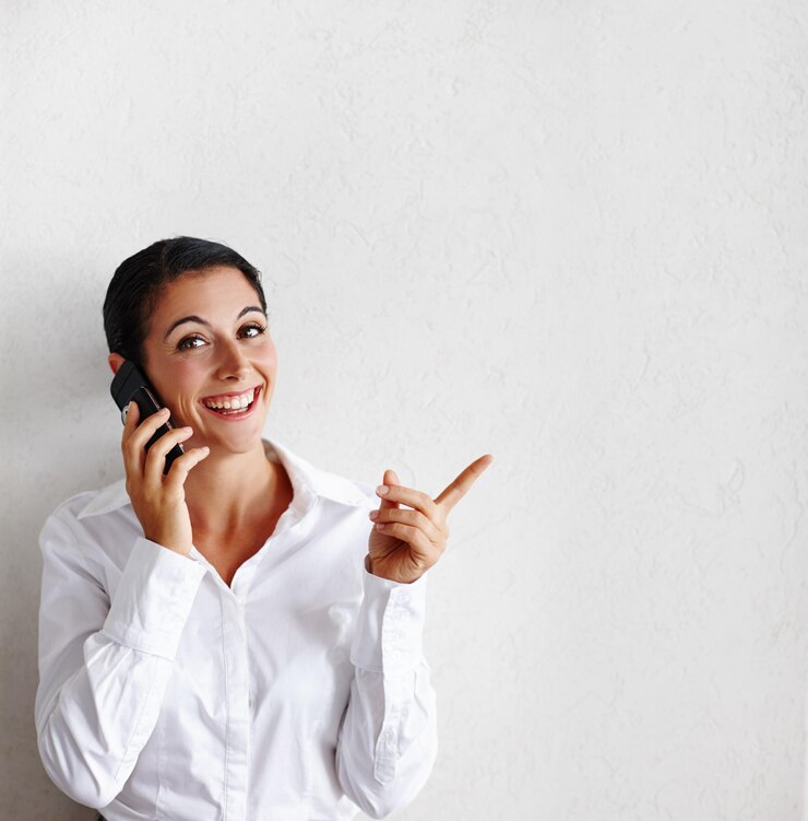 Photo pointing portrait and business woman with phone call opportunity and about us on white studio background face person and employee with hand gesture cellphone and decision for project and review