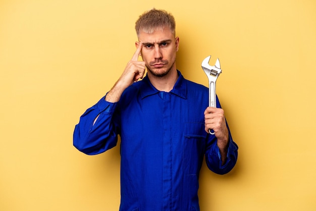 Pointing temple with finger thinking focused on a task