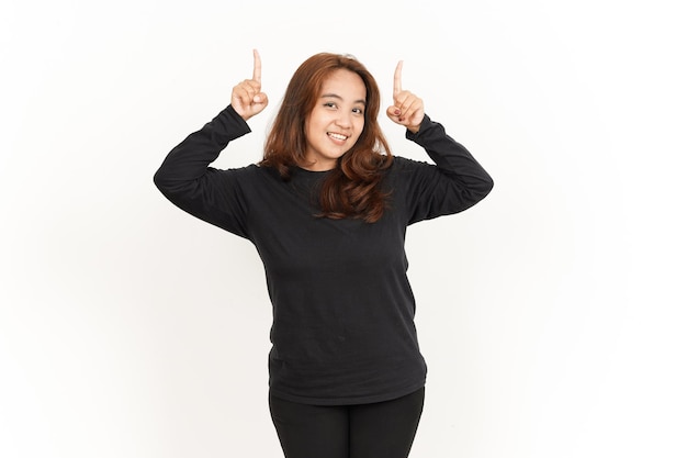 Pointing up Product or Copy Space Of Beautiful Asian Woman Wearing Black Shirt Isolated On White