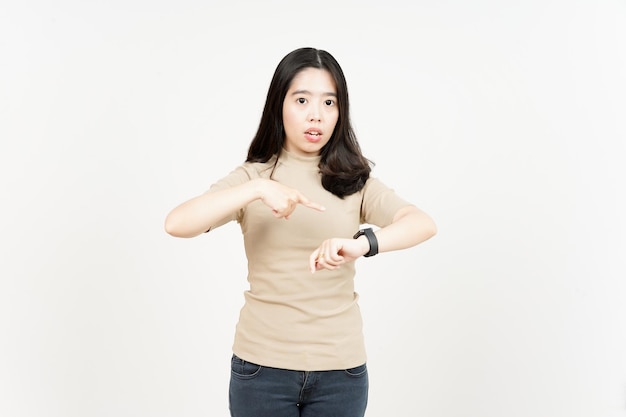 Pointing to watch Angry for late Of Beautiful Asian Woman Isolated On White Background