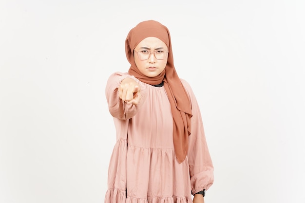 Pointing at you and angry of Beautiful Asian Woman Wearing Hijab Isolated On White Background