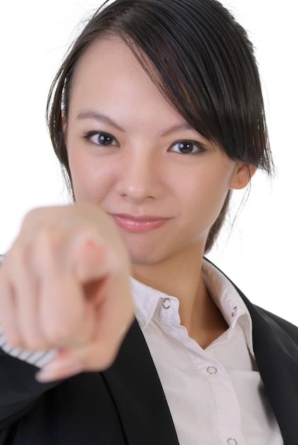 Pointing at you by young business woman, closeup image.