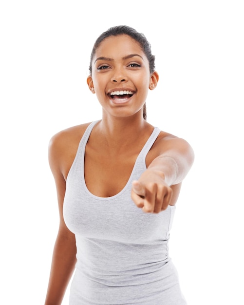 Pointing to you fitness and woman with portrait excited and wellness isolated on white studio background Person hand gesture and model with exercise decision and choice with motivation or smile