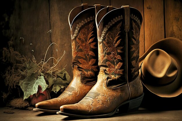 Pointynosed cowboy boots with brown decorated shank and\
heels