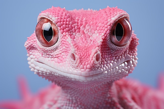 A poised gecko on a pastel pink surface its intricate scales and expressive eyes drawing attention