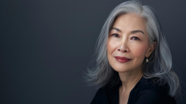 Poised mature woman with elegant gray hair and a gentle smile