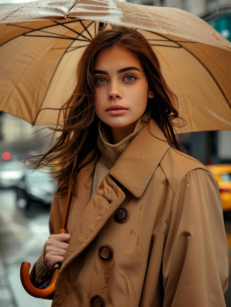 Photo poised model takes on rainy day with stylish umbrella