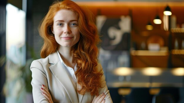 A poised redhead businesswoman standing confidently in a modern workspace embodying leadership