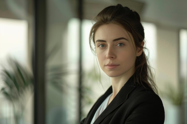 Photo poised young woman in business attire exudes confidence in a modern office setting