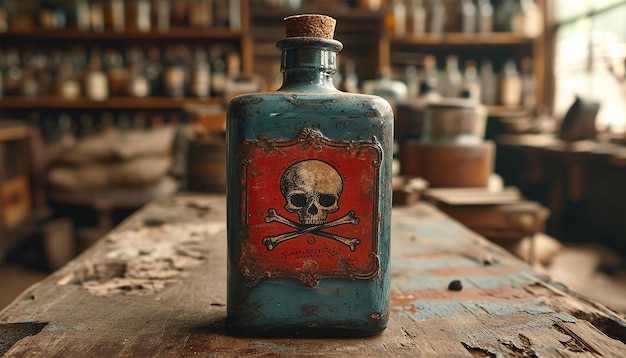 Foto poison bottle with skull and bones stands among pharmaceutical bottles danger sign symbol of death