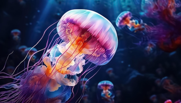 Poisonous jellyfish flock in the water