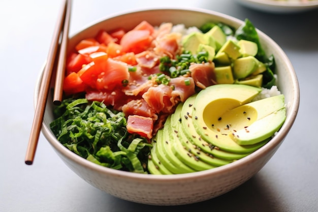 Poke bowl met rode vis, avocado en greens close-up Gegenereerd door AI