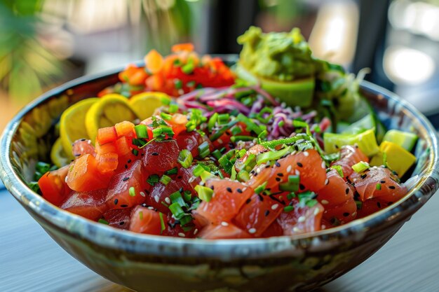 Foto poke bowl rauwe vissalade geserveerd als voorgerecht hawaiiaanse keuken